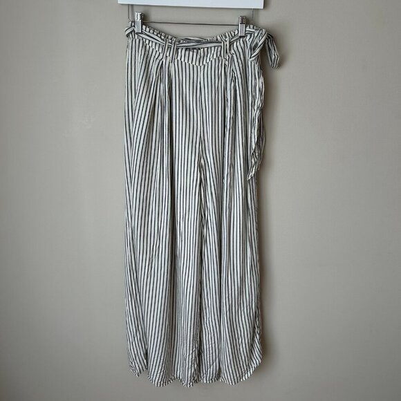 American Eagle Striped Ivory Black Flowy Wide Leg Side Tie Pants Size Small - Picture 1 of 6